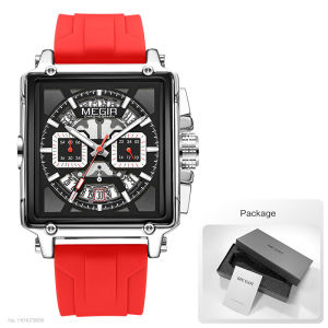 MEGIR Square Dial Sport Quartz Watch Men Fashion Waterproof Luminous Wristwatch with Chronograph Date Blue Silicone Strap 2233