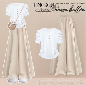 NUMEN BUTTON | Summer Mood Color Plus Size Elegant Slimming Straight Cut Blouse & Pants Suite
