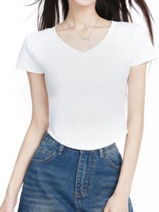 White Short Sleeve V-Neck T-Shirt Womens Summer New Style Pure Desire Spicy Girl Slim Fit Base Shirt Commute Korean Version