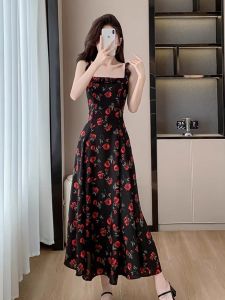 French Rose Print Halter Dress Square Collar Slimming Black Maxi Summer Beach Vacation Style Womens Dress A-Line Midi Skirt