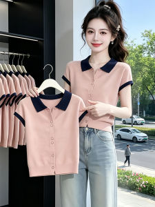 Shalldoer | Youthful Stylish Design Sense Pink Polo Neck Colorblock Short Sleeve Knitwear Women