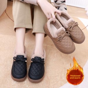 Autumn Winter New Style Womens Bean Shoes Fleece Lined Warm Lazy Shoes Fur Slippers Cotton Shoes round Toe Flat Heel Casual