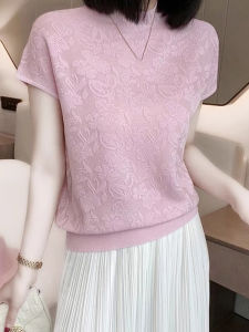 French Knitted Ice Silk Top round Neck Loose Fit Short Sleeve Casual Fashion Slimming Versatile Design Commute Ready Summer Style