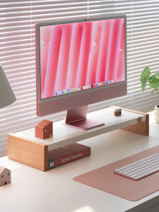 Modern Simplicity Carbon Steel Solid Wood Computer Elevation Stand Office Workstation Monitor Screen Storage Rack Organizer