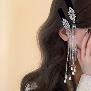 Neo Chinese Style Flocking Chinese Knot Rhinestones Imitation Pearl Water Drop Long Chains Retro Fringe Magnificent Hair Clips
