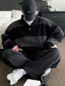 Sweater Male Trendy Loose and Idle Retro Hong Kong Style Pullover Stripe Polo Knitwear Trendy Casual Versatile Outerwear