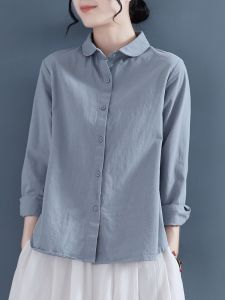 Pure Cotton Long Sleeve Doll Collar Casual Shirt Womens Spring Autumn New Style Artistic Retro Solid Color Casual Shirt