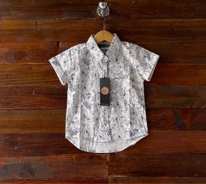 Kemeja anak lengan pendek motif printing daun warna putih