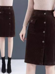 กระโปรงทรงเอผ้าคอร์ดูรอยสำหรับผู้หญิง กระโปรงทรงเอเอวสูง ฤดูใบไม้ผลิและฤดูใบไม้ร่วง สไตล์เกาหลี กระโปรงทรงเอเข้ารูป กระโปรงสั้น กระโปรงยาวปานกลาง