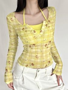 เสื้อยืดคอกลมแขนยาวทรงสลิมฟิตผ้าตาข่ายลำลองสำหรับผู้หญิง เสื้อผ้ากีฬา แฟชั่นสตรีท สไตล์ยุโรป ไม่มีแบรนด์