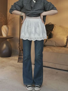 กระโปรงสั้นผ้าลูกไม้สไตล์เกาหลีสีขาวสำหรับผู้หญิง ฤดูใบไม้ร่วง/ฤดูหนาว สไตล์เกาหลี กระโปรงสั้นเอวสูง กระโปรงทรงเอ