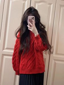 เสื้อสเวตเตอร์ถักสีแดงสำหรับผู้หญิง เสื้อชั้นในฤดูใบไม้ร่วง/ฤดูหนาว เสื้อเชิ้ตคริสต์มาส ทรงหลวม แขนยาว ปกติ