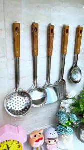 5-Piece Stainless Steel Kitchen Utensil Set With Wooden Handle|Cooking SpatulaLadleSlotted TurnerRice SpoonSkimmer