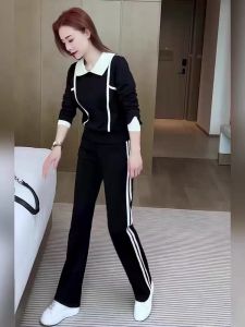 Fall and Winter New Arrival Sweet Cool Fried Street Temperament Leisure Sports Suit Female Doll Collar Long Sleeves Sweatshirt Straight-Leg Pants Two-piece Set