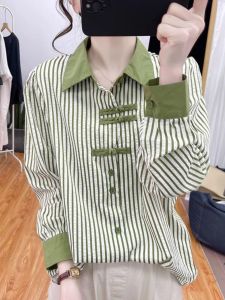 Spring Summer New Chinese Style Striped Button up Shirt Womens Fashion Color Block Anti-Aging Design Long Sleeve Top Trendy