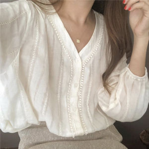 Womens Long Sleeve Lace Shirt V-Neck Bubble Sleeve White Korean Style Early Autumn Shirt Straight Cut Other Material 100%