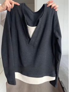 Chic Long Sleeve T-Shirt Autumn New Style plus Size Womens Fashion Slimming Base Layer Top Korean Style Loose Fit V-Neck