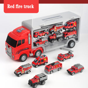 Childrens Truck Toys Big Container Truck & 6 Mini Small Engineering Vehicle Alloy Cars Model Fire Truck set Storage Container Truck Car Model Toys For Boys birthday christmas Gifts