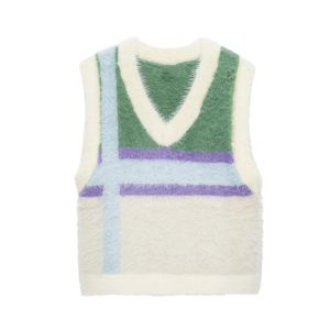 เสื้อกั๊กถักสไตล์อเมริกันสำหรับผู้ชายและผู้หญิง แฟชั่นฤดูหนาว ทรงหลวม คอวี แขนสั้น เส้นใยอะคริลิกผสมโพลีเอสเตอร์