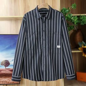 Comfortable Pure Cotton Mens Shirt Casual Loose Long Sleeve Striped Spring Autumn Workwear Leisure Shirt Black Grey Vertical Stripes