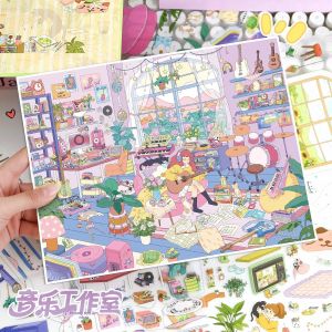 Kawaii Music Studio 3D Minh Họa Phong Cảnh Nhãn Dán DIY Pocket Cabin Cảnh Lễ Hội Quà Tặng Văn Phòng Phẩm Chất Liệu PET 280x210mm