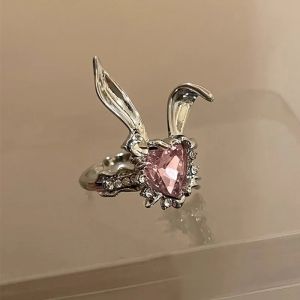 Cincin Elegan Desain Rabbit Pink Stone (Adjustable)