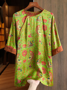 Green Silk Lacoste Shirt Womens round Neck Tie Dyeing Silk Interwoven Xiangyun Silk Top Original Design Loose Fit UV Protection