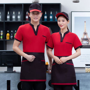 ชุดทำงานพนักงานร้านน้ำชาเสื้อยืดคอวีแขนสั้นชุดทำงานฤดูร้อนร้านขายอาหารร้านหม้อไฟซูเปอร์มาร์เก็ตชานมชายหญิง