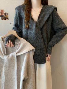 เสื้อสเวตเตอร์คอปกสีน้ำเงินสไตล์ลำลอง แขนยาว ทรงหลวม สำหรับผู้หญิงไซส์ใหญ่ ฤดูใบไม้ร่วง 2025 เสื้อคลุมกันหนาวแบบสวมหัว 2 ชิ้น