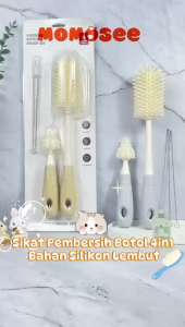 Momosee Set Sikat Botol Dot Selang Bayi 4in1 Pembersih Botol Susu Silikon Lembut BPA Free XH12