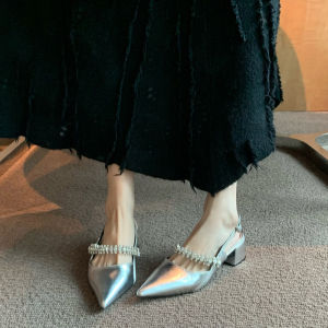 Silver Leather Sandals Womens Summer Outdoor Fashion High-End Sense Toe Cover Thick Heel Rhinestone Pointed Toe High-End Versatile Single Shoes