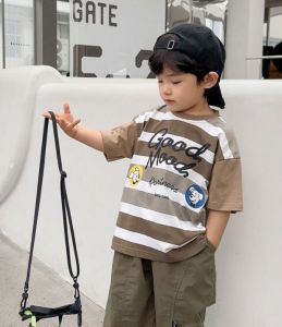 HF Short Sleeve Stripe Hoodie Kid Korean Style Breathable Boy Girl Cute Comfortable Round neck Hoodie