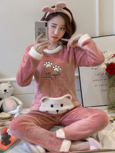 ชุดนอนผ้าคอรัลฟลีซสำหรับฤดูหนาวชุดอยู่บ้านผ้าสักหลาดน่ารักสวยหวานบุขนเพิ่มความหนาให้ความอบอุ่นในฤดูใบไม้ร่วงและฤดูหนาวแขนยาวสำหรับผู้หญิง