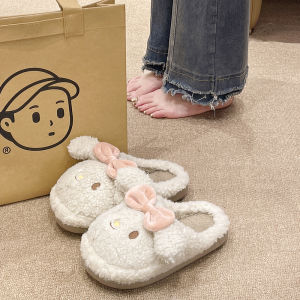 Cute Cartoon Cotton Slippers Womens Winter Thick Bottom Anti-slip Home Indoor Warm Plush Slip-On Shoes Sweet Style Low Heel