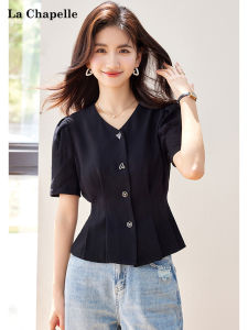 La Chapelle Slimming Effect V-neck Single-row Multi-button Commute Shirt Korean Style High Waist Short Sleeve Womens Top