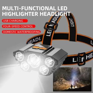LED Strong Light Headlight 5LEDs Outdoor Waterproof Fishing Camping Light USB Rechargeable Ultra Bright Head Mounted Flashlight