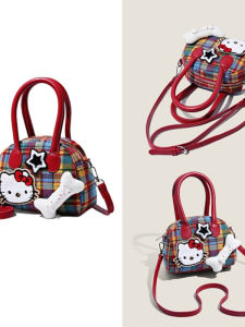 Fashionable Cat Design Shell Shaped Girls Handbag Red Plaid Crossbody Bag