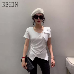 REHIN Womens top New summer European-style irregular hem short-sleeved T-shirt with stylish ruffle edges slim-fit S-3XL elegant round neck blouse