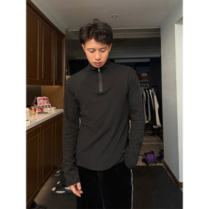 เสื้อยืดคอกลมแขนยาวฤดูหนาวสำหรับผู้ชาย สไตล์อเมริกัน เสื้อชั้นในขนแกะ ดีไซน์เปิดหลัง ทรงหลวม ผ้าโพลีเอสเตอร์