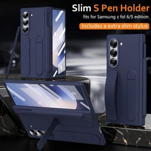 สายคล้องมือนิ้วสำหรับ Samsung Z พับ7เคสพร้อมที่วางปากกา S และสไตลัสและอุปกรณ์ป้องกันหน้าจอขาตั้งสายรัดข้อมือป้องกันบานพับฮาร์ดพีซีกันกระแทกด้านเคสสำหรับ Galaxy โทรศัพท์พับได้6เคส Z พับ5เคส Z 4