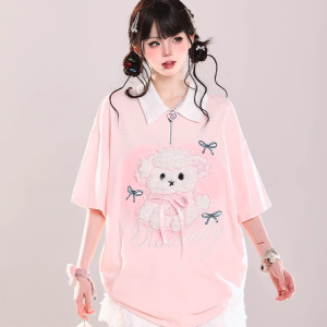 Áo Thun Tay Ngắn Thêu Bướm Mềm Mại Khóa Kéo Nửa Cổ Polo Dáng Rộng Thoải Mái Thoáng Khí Mùa Hè Cho Nữ