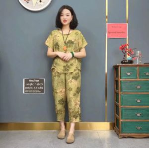 Casual Cotton Linen Short Sleeve Print Womens Two-Piece Set Summer New Style plus Size Mom Clothes Comfortable Breathable