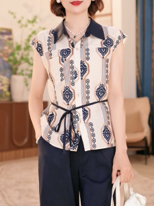 QINGNAER | French Holiday Style Printed Slim Fit Short Sleeve Shirt for Plus Size Women Summer Wear