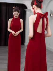 Elegant Red Long Neck Hanging Dress Formal Occasion Wedding Dress High Waist Korean Style Womens Frock for Party And Performance