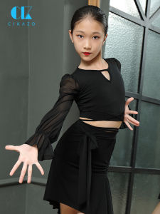 Childrens Latin Dance Workout Clothes Long Sleeve round Neck Top for Girl Kids Professional Training Uniforms G1164