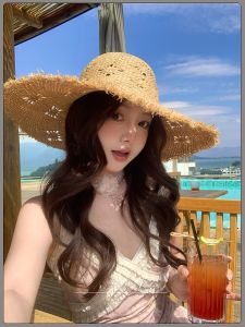 Womens Lattice Laffey Straw Hat Summer Beach Vacation Large Brim Sunshade Hat Casual Style round Top Cap for Outings