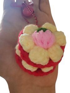 Crochet Mini Cake Keychain - Cute - Door Gift - Birthday - Handphone - Wedding - Handmade with Love - O ring with Bell Rings - Strawberry - Matcha
