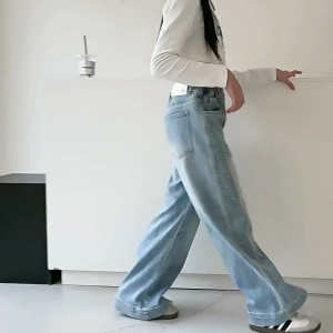 【New Trend】 Denim Jeans for Kids Girl High Waist Wide-leg Hotfix Rhinestone Maong Pants Comfortable Trousers 7-16yrs