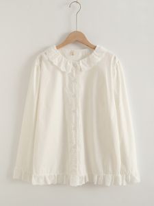 เสื้อเชิ้ตคอปกบานพันธุ์ลูกไม้แขนยาวผ้าฝ้ายแท้ทรงหลวมสไตล์หวานสำหรับผู้หญิงในฤดูใบไม้ผลิและฤดูใบไม้ร่วง