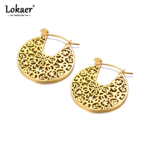 Lokaer Vintage Round Hollow Geometric Pattern Hoop Earrings Gold Color Stainless Steel Texture Ethnic Jewelry For Women E23231